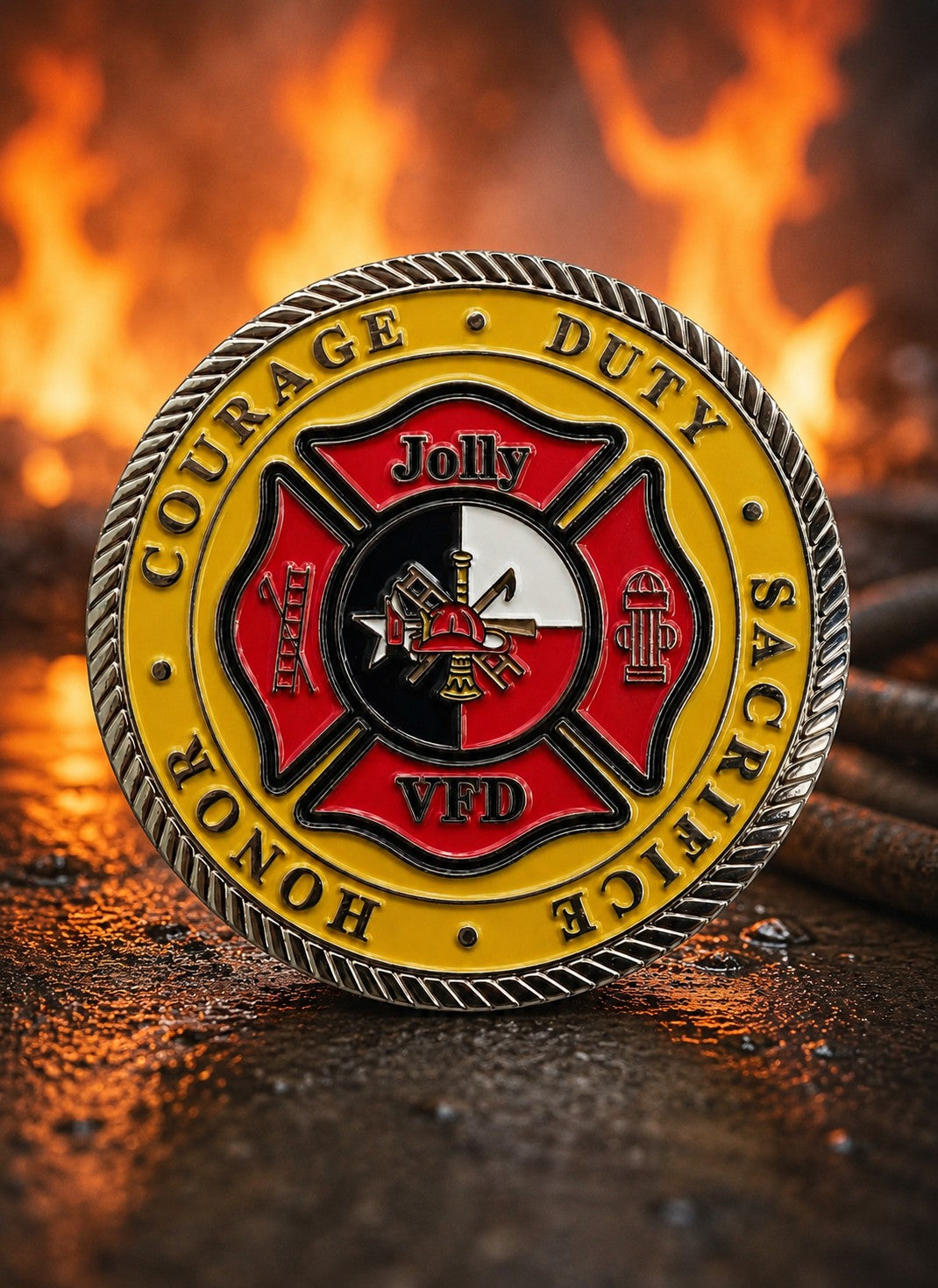 Jolly Volunteer Fire Department custom fire department challenge coin for firefighters in Clay County, Texas by Pins By Design
