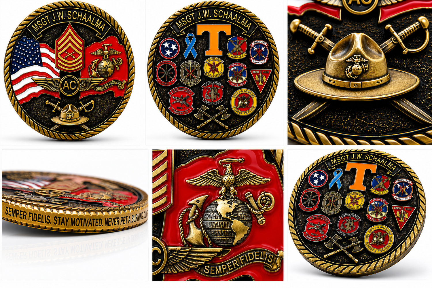 Custom Marine Corps retirement challenge coin front side
MSgt J.W. Schaalma challenge coin reverse side
Laser engraved edge text on custom military coin